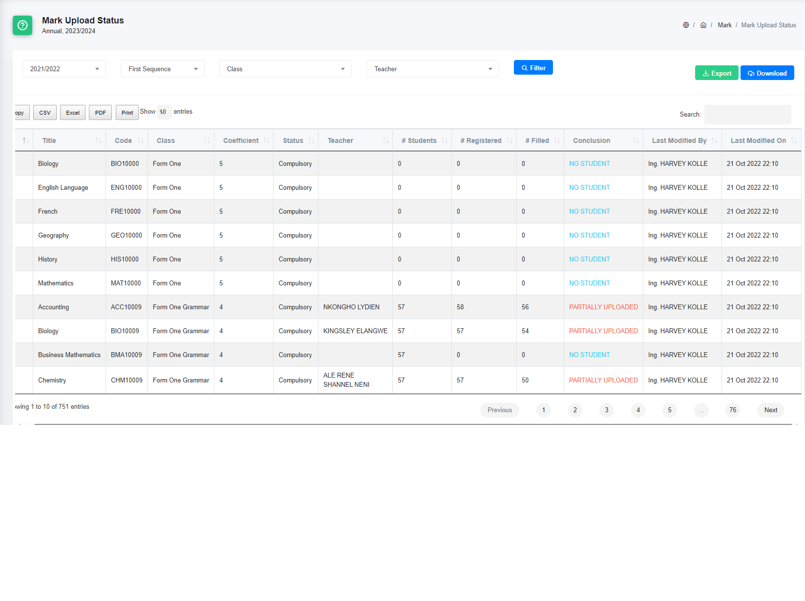 Marks upload status page