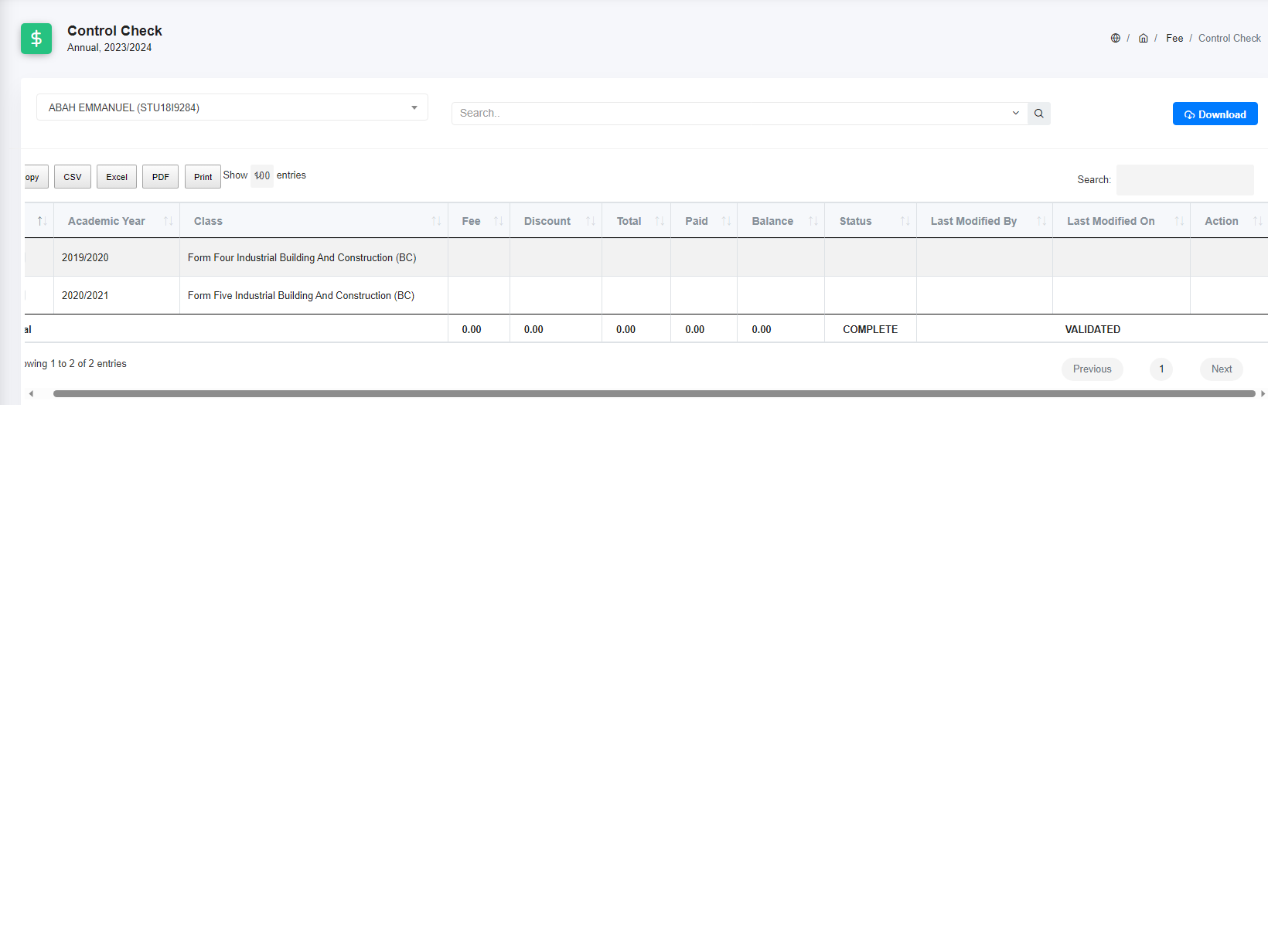 Student fee control check page